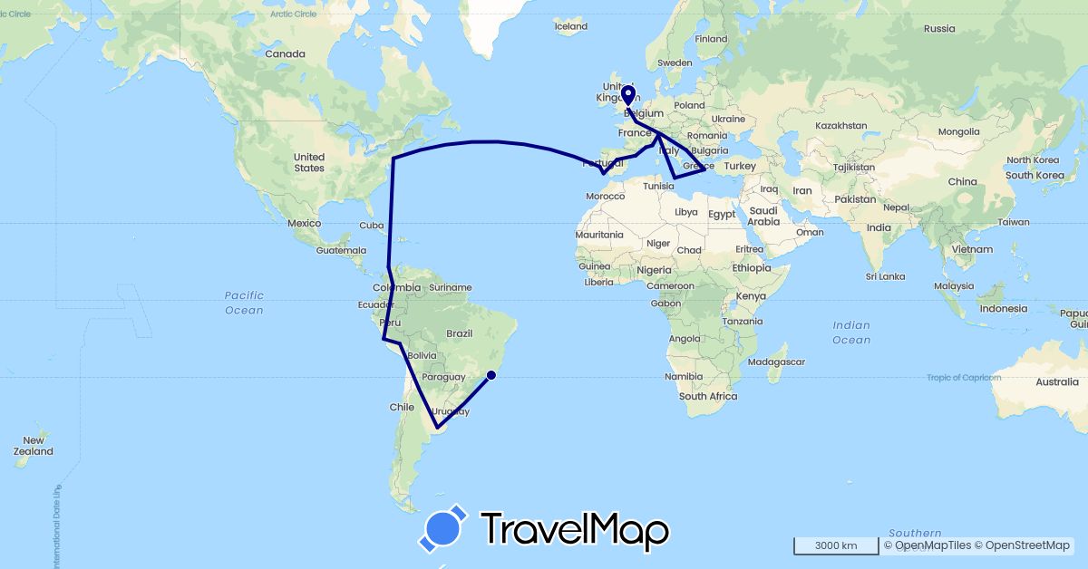 TravelMap itinerary: driving in Argentina, Brazil, Colombia, Spain, France, United Kingdom, Greece, Croatia, Italy, Monaco, Malta, Peru, Portugal, United States (Europe, North America, South America)